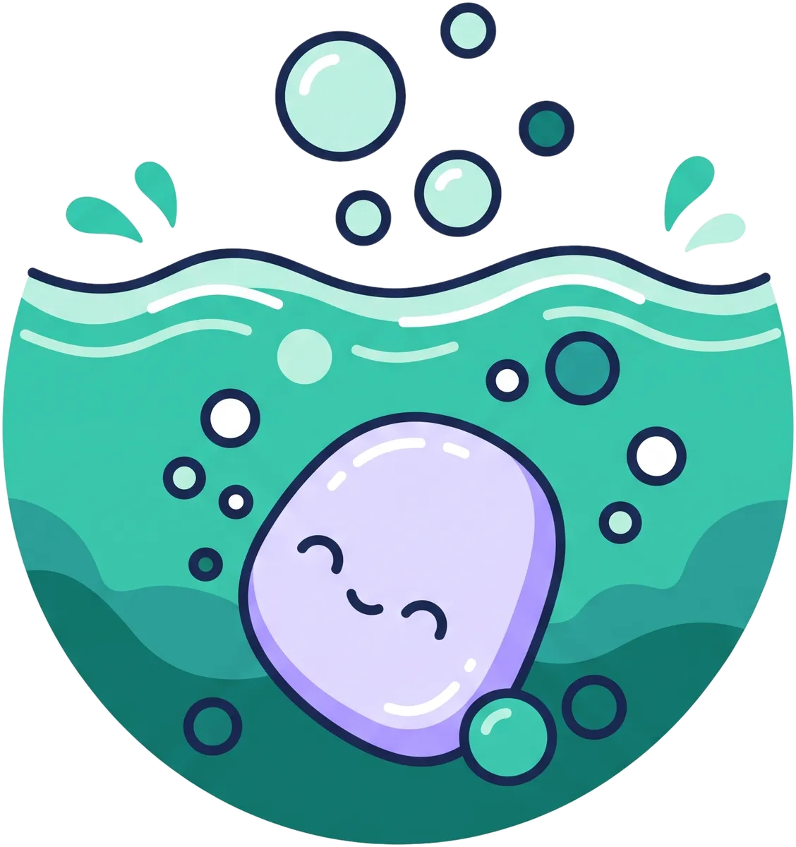 A smiling pebble sinking happily into teal water, with bubbles rising