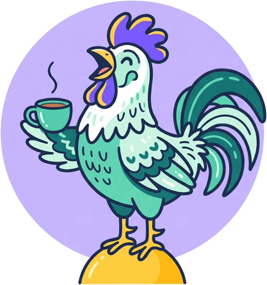 Morning Ritualist mascot: a crowing rooster holding a cup of coffee