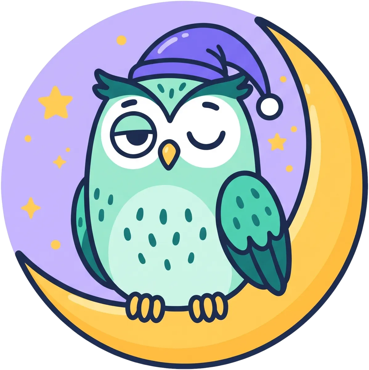 Night Grazer mascot: a sleepy owl on a crescent moon